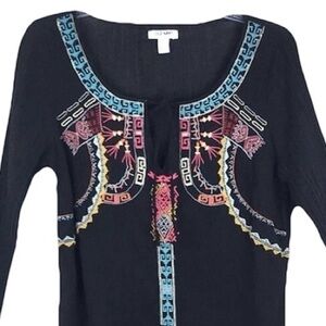 Womens Tunic Shirt Size XS Old Navy Black Crepe Multicolored Embroidery Slits